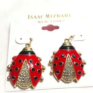 New Isaac Mizrahi Ladybug Earrings Dangle Crystals Enamel Rhinestone Hooks